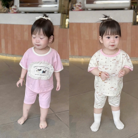 Cb356- Combo 2 bộ chó xù trắng hồng bé gái quần legging