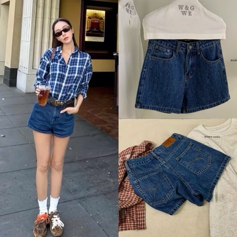 QUAN117- quần short Jeans xanh đậm mác da