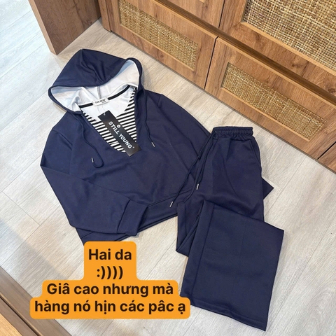 Set779- Bộ nỉ nữ có mũ vải nỉ haida xanh than phối quần dài bo ống