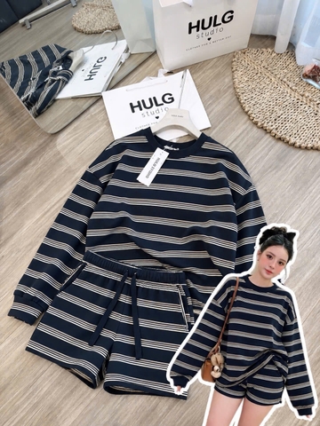 Set1056- Set áo thun kẻ đen dài phối quần cộc
