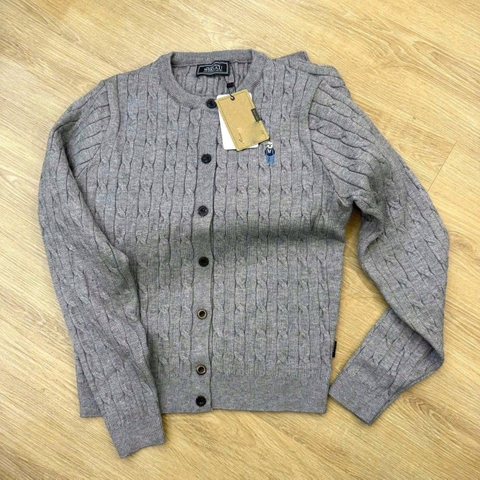 A448- Áo len cadigan vặn thừng màu xám cúc đen thêu gấu hàng nhà máy đủ tem mác