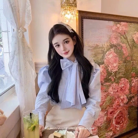 A135-Áo somi nữ kẻ xanh nơ cổ