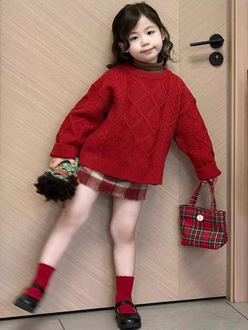 SETKID013- Set áo len đỏ trẻ em mix CV dạ kẻ có lót quần