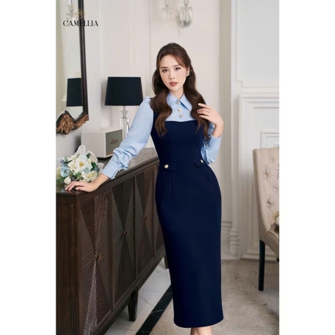 DAM134-Váy midi phối sơ mi liền cúc đồng