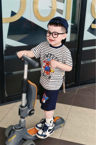 BN090- Bộ thun kẻ xanh than PAW mix quần chân cua