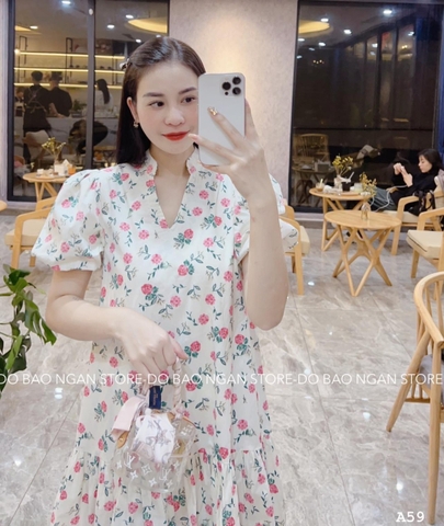 Đầm hoa hồng cổ V 2 lớp đai rời