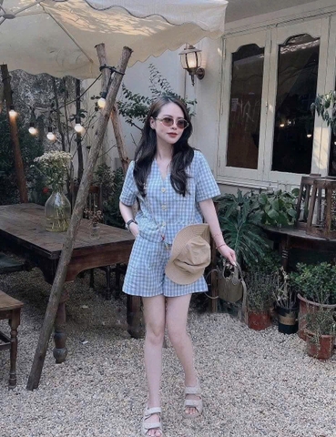Set968- Set kẻ caro xanh quần short áo cộc