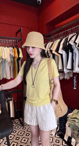 SET1003- Set áo đũi vàng phối quần short trắng