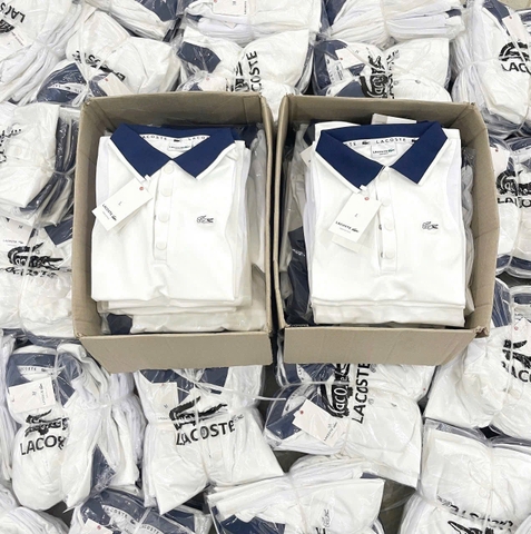 A272- Áo polo trắng cổ than logo thêu nổi cộc tay full tem