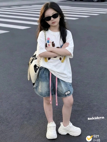 bt922-[ max 30kg]set áo thun ngựa xù mix quần short jeans bé gái