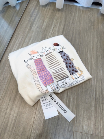 A583-Áo thun tay lỡ màu be hình mèo hàng nhà máy đủ tem