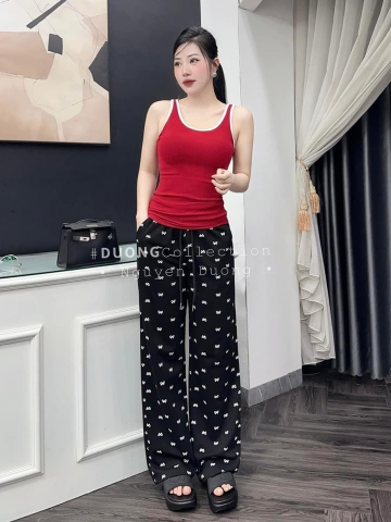 SET238-Set áo dây đỏ mix quần suông nơ đen