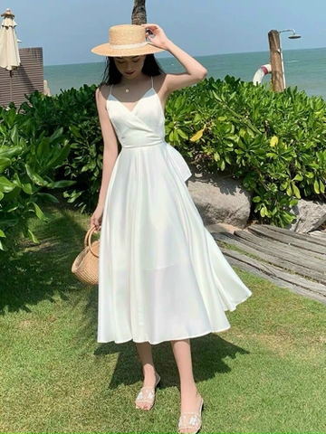 Đầm hai dây buộc nơ lưng 2 màu trắng,xanh