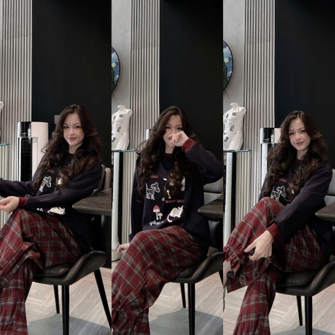 Set840- Bộ nỉ haida đen phối quần dạ kẻ suông