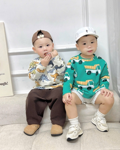 Bt676- Combo 4 áo phông dài tay chất cotton in xanh-vàng