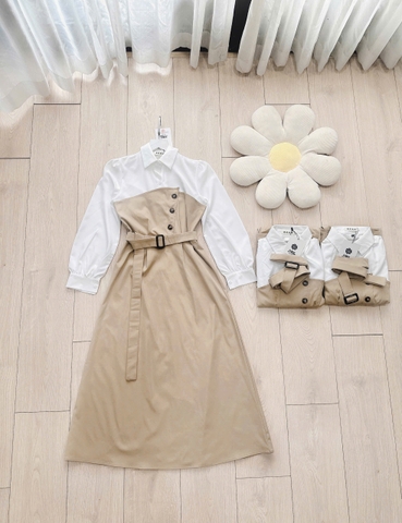 Dam126- Đầm kaki nâu phối sơ mi liền tặng kèm đai