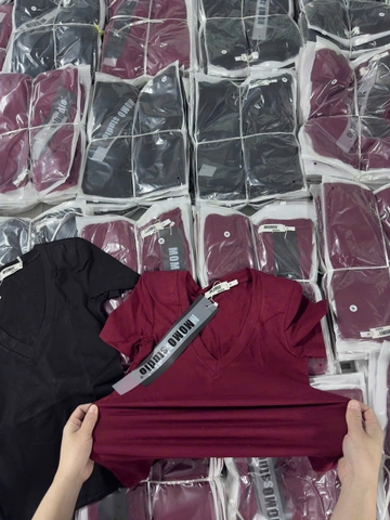 A232- Áo cộc tay cổ V có đệm vai 2 màu đen, đỏ