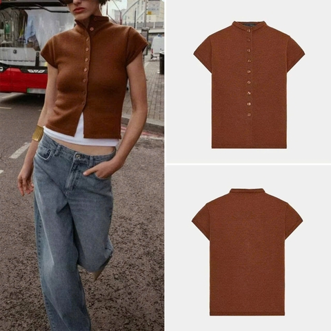 A428- Áo len cộc màu cam đất full tem nhà máy