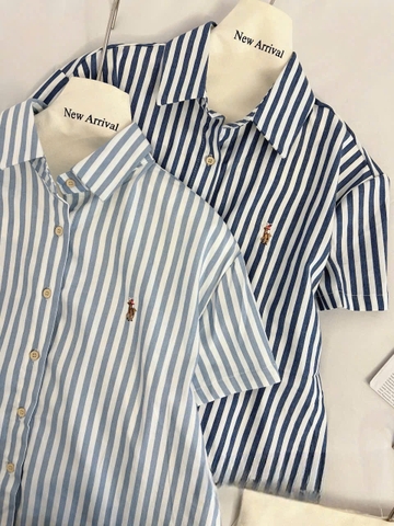 A213-Áo sơ mi cố đức kẻ VẠT BẦU THÊU NGỰA