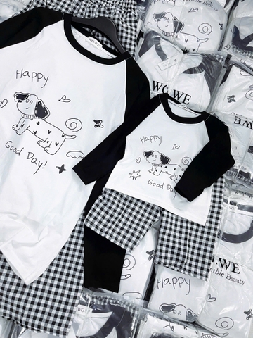 SET771- Bộ mặc nhà gia đình  áo thun quần kẻ suông dài đen trắng