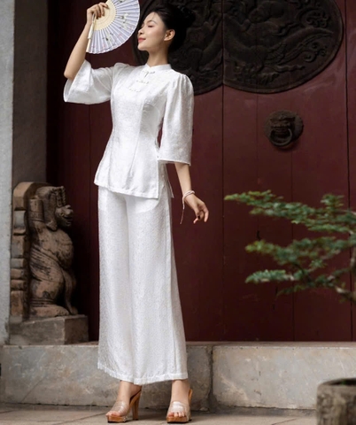 SET444-Set pháp phục trắng gấm lụa phối cúc tết
