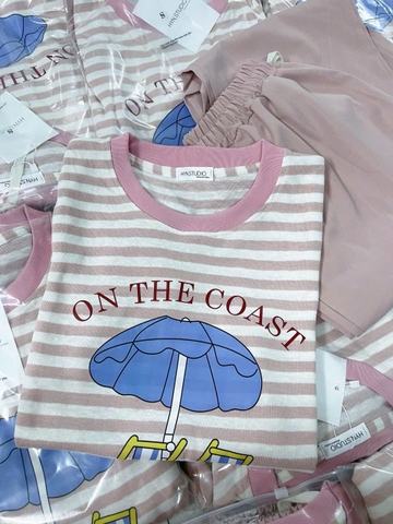 Set716- Set COAST hồng kẻ mix quần bom gió