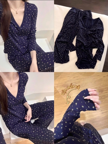 Sey1055-Set mặc nhà áo dài tăm hoa xanh than phối quần suông