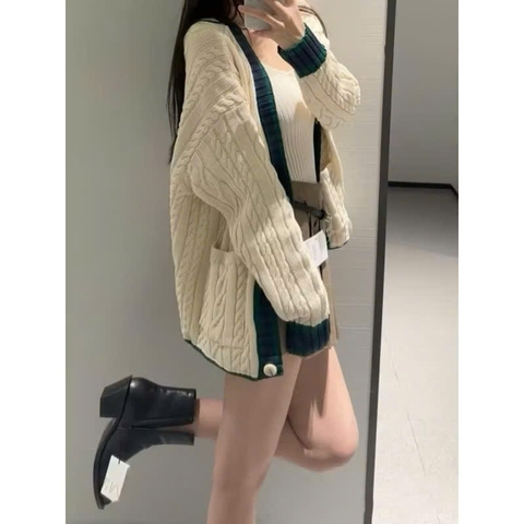 A342-Áo len cadigan vặn thừng bo viền 2 màu be than