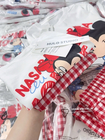 SET1039- Bộ mặc nhà mẹ con áo thun dài tay mickey và quần suông kẻ