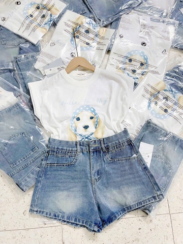set615- Set áo cotton trắng In Cún mix quần short jeans