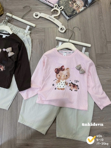 damgai12- Bộ đính nơ sz đại mix quần bom kaki 2 maiu bé gái