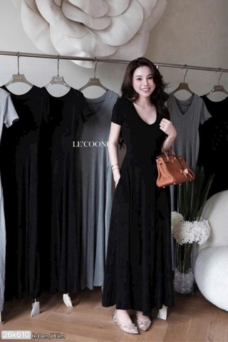 Dam194-Đầm xòe dáng dài cổ tim 2 màu đen-XÁM chất ZIP