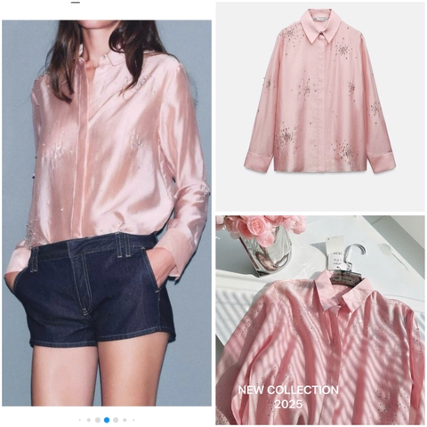 A200-Áo somi thiết kế hồng pastel đính đá