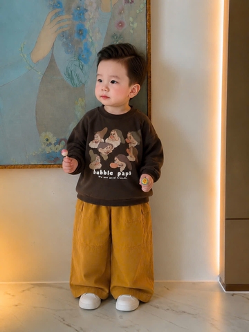 BT1025- Bộ nỉ NÂU-VÀNG dài tay in chú lùn