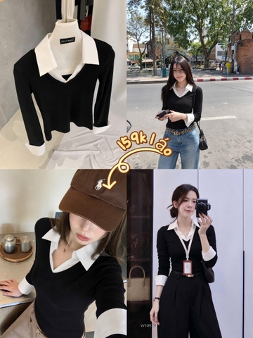 A728- Áo thun díp dài tay phối cổ sơmi