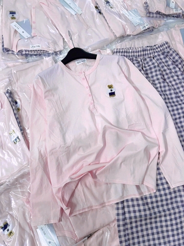 Set756- Bộ mặc nhà áo thun hồng dài tay phối quần suông kẻ