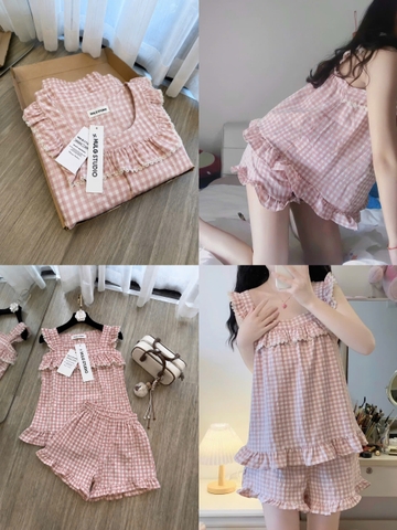 SET1022- Set mặc nhà áo sát nách kẻ hồng quần cộc