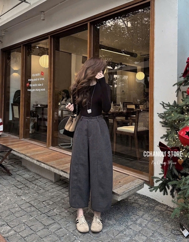 Quan091-Quần dạ xám cạp chun dáng suông