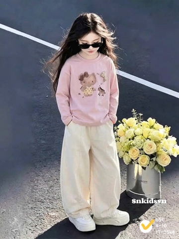 damgai12- Bộ đính nơ sz đại mix quần bom kaki 2 maiu bé gái