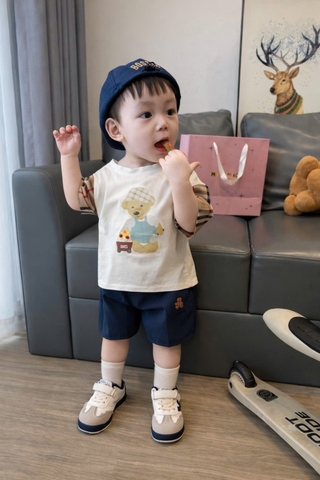 BT849-Bộ áo thun  tay kẻ  phối quần than cho bé 9-23kg