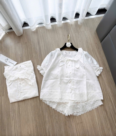 SET558- BỘ NGỦ  BÈO REN màu trắng cúc ngọc dang cộc