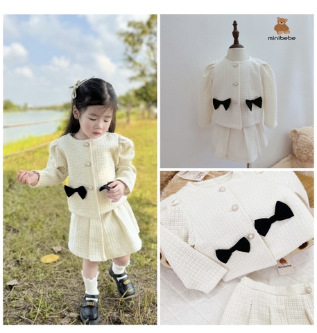 SETKID010- Set áo dạ mix CV màu be nơ đen trẻ em VNXK