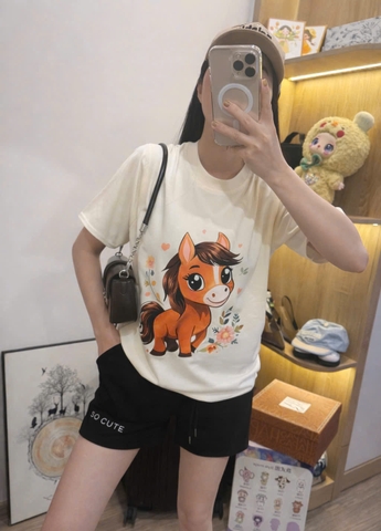 Set866- Set áo thun ngựa cộc phối quần short đen vải umi mềm mát