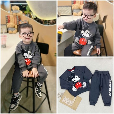 BN144-(8-27kg) Bộ thu đông bé trai dài tay nỉ da cá Mickey xám VNXK