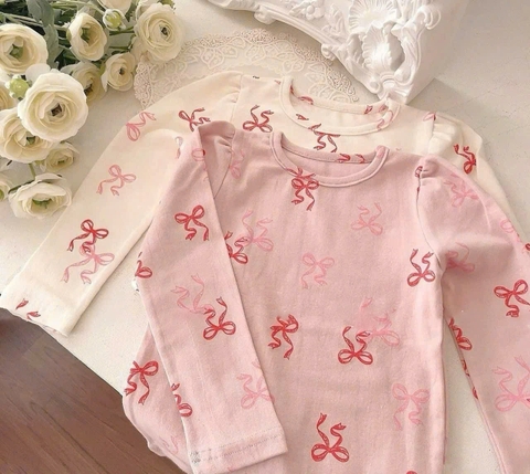 CB190 (9-27kg)-Combo 2 bộ nỉ díp nơ hồng cho bé gái