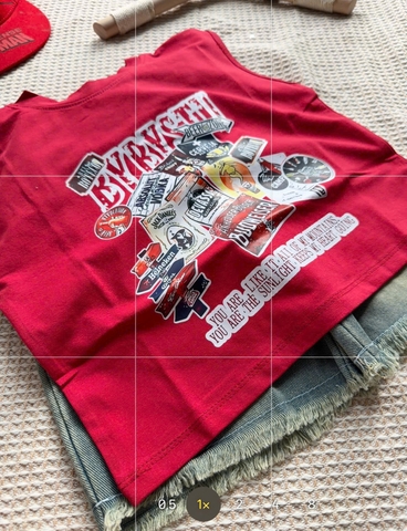 BT856-Bộ áo thun sát nách đỏ phối quần jean cộc cho bé 9-22kg