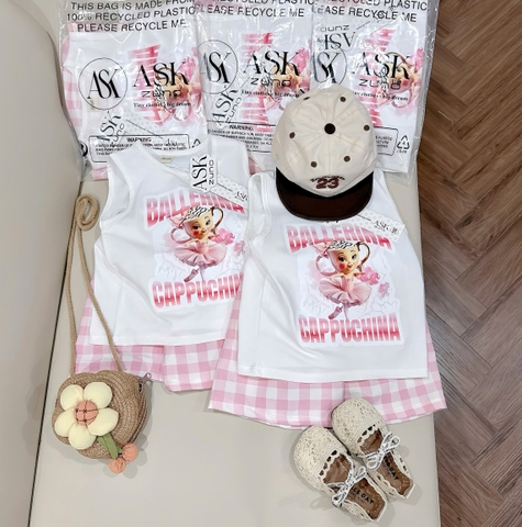 Bt587- Bộ Capu trắng quần kẻ hồng chất cotton trẻ em