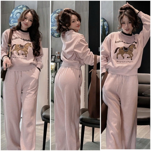 Set836- Set nỉ lông thỏ màu hồng phối viền đen hình ngựa