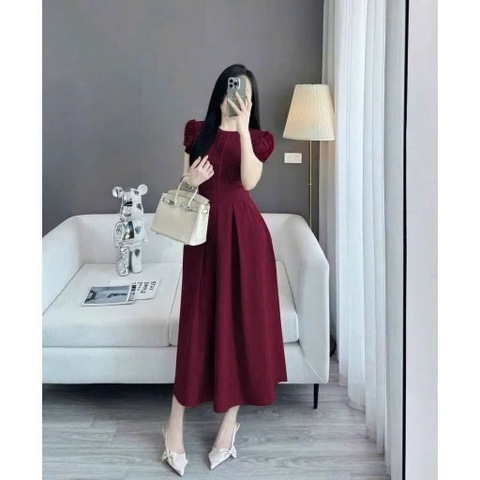 Dam179-Váy đỏ midi xếp ly dáng dài