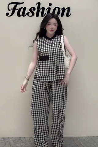 SET1005- Set áo kẻ caro phối quần bo ống